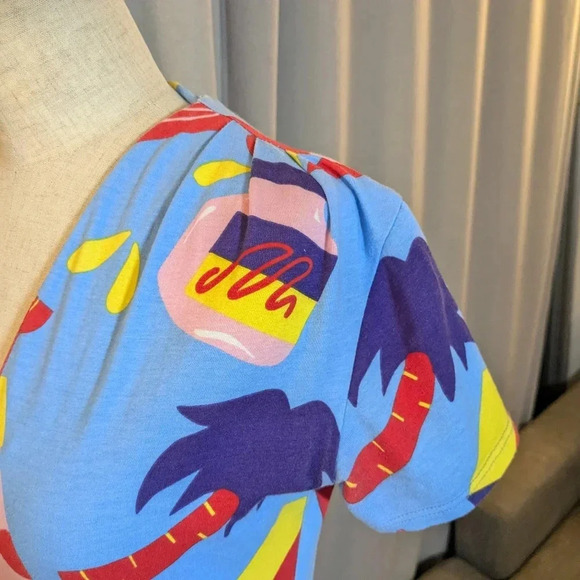 Nooworks Snack Box Dress Greta Blue Snacks Midi Short Sleeve XS V Neck Made USA - Picture 9 of 9